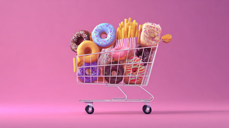Clean modern scene with shopping cart full of fries, donuts, and colorful fast food items, simple background for trendy visual storytellingの素材
