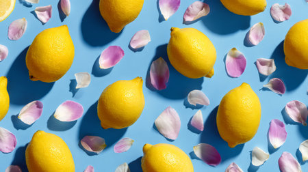 Artistic fruit pattern of lemons paired with flower petals on bright blue background, cheerful flat lay composition, minimal summer vibeの素材