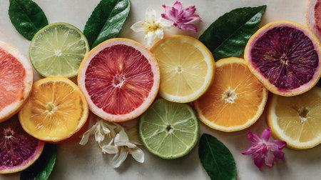 Colorful citrus fruits sliced and layered with floral touches on neutral background, flat lay healthy lifestyle summer stock imageの素材