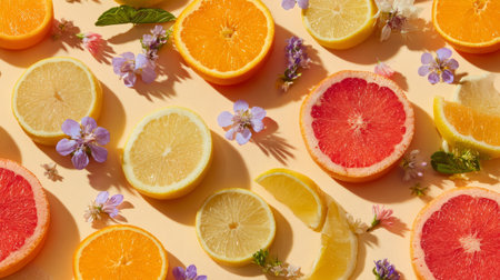 Flat lay of orange, lemon, and grapefruit slices with floral accents, artistic summer stock concept, fresh healthy lifestyle arrangementの素材