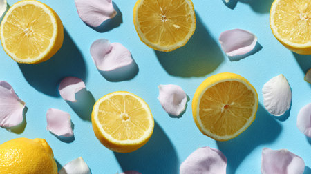 Fresh lemon and petal pattern designed on sky blue backdrop, modern minimal composition, vibrant summer flat lay stock imageの素材