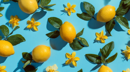 Creative citrus composition of lemons and yellow flowers spread evenly across bright blue backdrop, flat lay summer stock conceptの素材