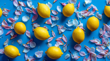 Artistic overhead photo of lemons and delicate petals spread across bold blue background, minimal cheerful fruit summer conceptの素材