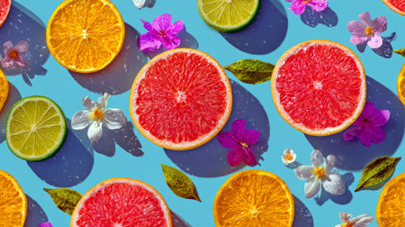 Abstract citrus fruit and flower flat lay pattern, colorful modern summer concept, playful refreshing stock compositionの素材
