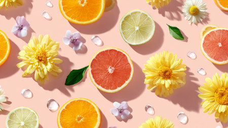 Artistic fruit and flower pattern in flat lay style, bright citrus slices with yellow blooms on pastel background, modern summer stock designの素材