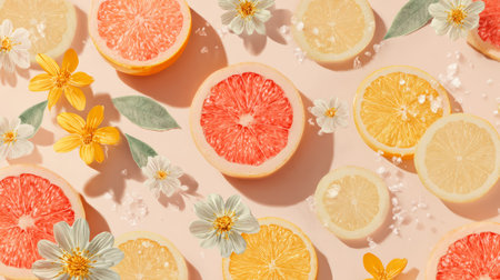 Artistic fruit and flower pattern in flat lay style, bright citrus slices with yellow blooms on pastel background, modern summer stock designの素材