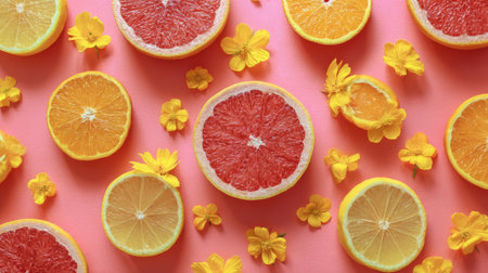 Artistic arrangement of grapefruit, lemon, and orange slices with scattered yellow flowers, symmetrical minimal flat lay, bright food stock conceptの素材