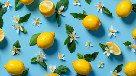 Creative citrus composition of lemons and yellow flowers spread evenly across bright blue backdrop, flat lay summer stock conceptの素材