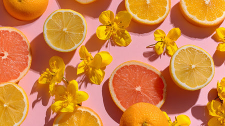 Flat lay pattern of sliced lemons, grapefruits, and oranges arranged with yellow flowers on a pastel background, vibrant fresh summer concept, minimal stock styleの素材