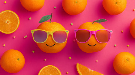 Creative flat lay with oranges styled as characters wearing colorful sunglasses on vivid pink backdrop, playful stock conceptの素材