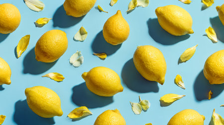 Fresh whole lemons scattered with delicate yellow petals on blue backdrop, vibrant minimal flat lay summer food concept stock imageの素材
