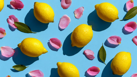 Fresh lemon and petal pattern designed on sky blue backdrop, modern minimal composition, vibrant summer flat lay stock imageの素材