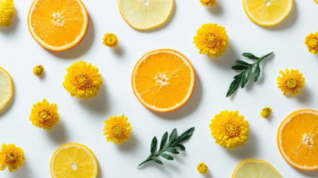 Citrus fruit circles mixed with yellow flowers on white backdrop, flat lay food pattern, vibrant healthy lifestyle summer stock designの素材