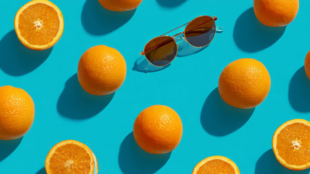 Minimal fruit pattern with oranges in sunglasses scattered across bright turquoise backdrop, modern fun summer stock photoの素材