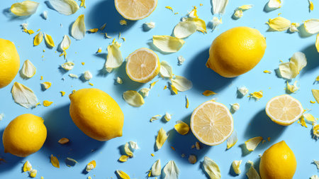 Fresh whole lemons scattered with delicate yellow petals on blue backdrop, vibrant minimal flat lay summer food concept stock imageの素材
