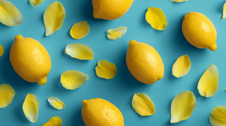 Minimal citrus design with lemons placed alongside yellow petals on blue backdrop, modern fresh flat lay summer pattern for stock useの素材
