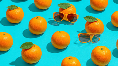 Minimal fruit pattern with oranges in sunglasses scattered across bright turquoise backdrop, modern fun summer stock photoの素材