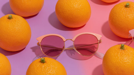 Fun summer flat lay with whole oranges wearing stylish sunglasses on a vibrant pastel background, playful minimal stock concept, cheerful fruit vibeの素材
