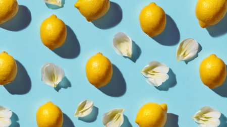Overhead abstract fruit pattern with lemons and yellow flower petals on bright pastel blue background, minimal summer conceptの素材