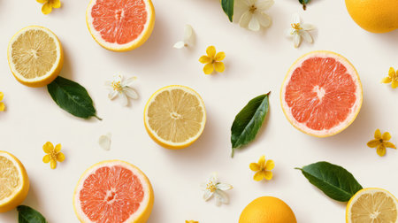 Minimal overhead citrus food pattern with lemon slices, grapefruit halves, oranges, and yellow flowers on white background, modern stock styleの素材