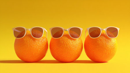 Oranges with retro sunglasses placed against bright yellow background, minimal quirky summer fruit design, fun cheerful stock photoの素材