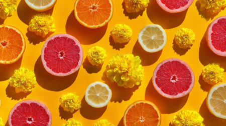 Overhead view of colorful citrus fruits and yellow blooms in symmetrical pattern, bright refreshing food design, cheerful flat lay stock compositionの素材