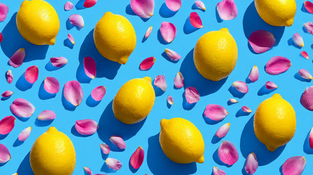 Playful summer arrangement of lemons and petals in repeated flat lay design, colorful minimal fruit pattern on a bright blue backgroundの素材