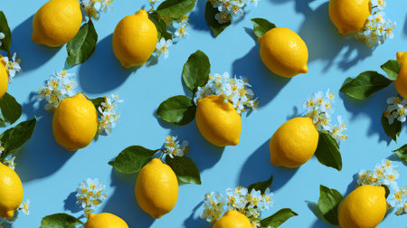 Repetitive fruit pattern made of lemons and yellow flowers over blue backdrop, cheerful summer flat lay, fresh minimal compositionの素材