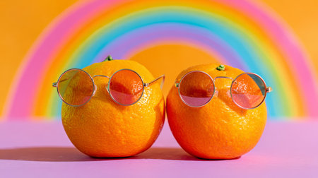 Playful summer scene with oranges in sunglasses against bright rainbow-colored backdrop, cheerful minimal stock photo conceptの素材