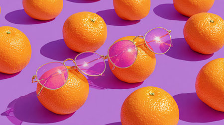 Playful summer concept featuring oranges styled with funky shades, scattered across vibrant purple backdrop, minimal fun stock imageの素材
