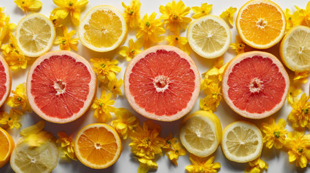 Symmetrical flat lay arrangement of orange, grapefruit, lemon slices with scattered yellow flowers, vibrant stock design, healthy themeの素材