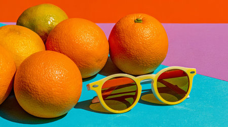 Playful whimsical composition featuring oranges styled with retro sunglasses on bold colorful backgrounds, fun flat lay stock styleの素材