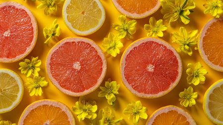 Symmetrical flat lay arrangement of orange, grapefruit, lemon slices with scattered yellow flowers, vibrant stock design, healthy themeの素材