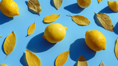 Vivid citrus summer composition of lemons and scattered yellow petals, artistic flat lay on bright blue backdrop, modern minimal stock photoの素材
