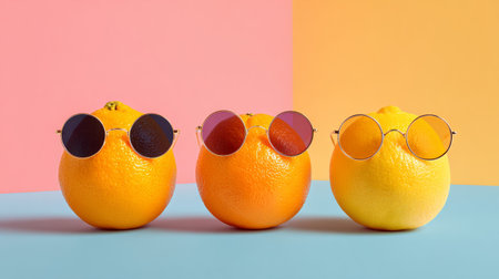 Whimsical oranges wearing oversized sunglasses on pastel backgrounds, quirky minimal summer vibe, fun stock image designの素材