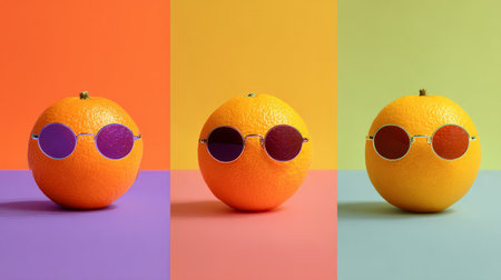 Vibrant citrus oranges wearing funky sunglasses on gradient pastel backgrounds, cheerful minimal playful stock designの素材