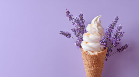 Waffle cone with soft serve ice cream on pastel lavender background, simple minimal composition, sweet summer vibe stock photoの素材
