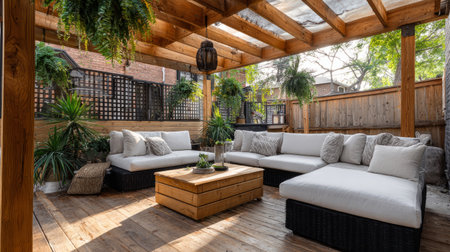 Backyard patio with wooden deck construction, pergola above, and modern outdoor furniture with soft cushions and coffee tableの素材