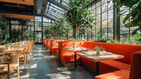 Contemporary greenhouse dining room filled with natural light, abundant greenery, orange banquettes, and sleek wooden tablesの素材