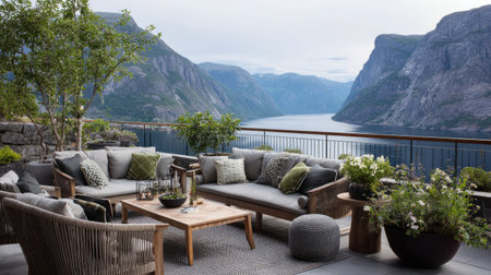 Comfortable terrace setup with soft cushioned lounge sofas, stylish chairs, coffee table, and potted greenery, overlooking serene mountain lakeの素材