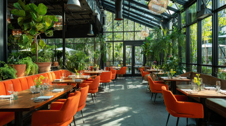 Contemporary greenhouse restaurant with vibrant plants, cozy orange seating, wooden tables set for dining, outdoor patio ambianceの素材