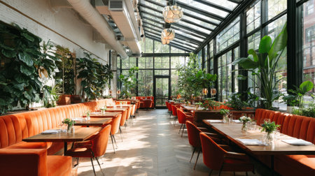 Contemporary greenhouse dining room filled with natural light, abundant greenery, orange banquettes, and sleek wooden tablesの素材