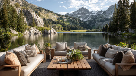 Elegant lakeside outdoor space featuring modern lounge chairs, sofas with pillows, plants, and coffee table, tranquil mountain sceneryの素材