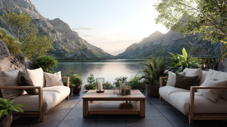 Elegant outdoor lounge setup with wide sofas and chairs on deck facing calm mountain lake, decorated with plants, coffee table, and plush cushionsの素材