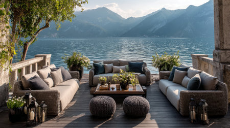 Elegant outdoor lounge setup with wide sofas and chairs on deck facing calm mountain lake, decorated with plants, coffee table, and plush cushionsの素材