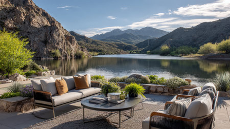 Elegant lakeside outdoor space featuring modern lounge chairs, sofas with pillows, plants, and coffee table, tranquil mountain sceneryの素材