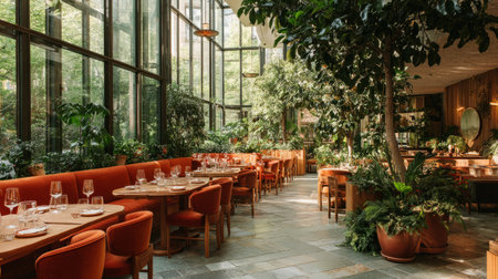 Modern restaurant interior with biophilic design, greenhouse-style glass walls, orange banquettes, wooden dining tables, and lush greenery throughoutの素材