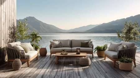 Modern outdoor living room with spacious sofas and chairs on a wooden deck overlooking a serene mountain lake, cozy coffee table, plants, and soft cushionsの素材