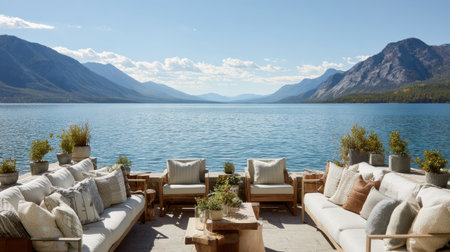 Inviting lakeside terrace featuring modern sofas, soft pillows, wooden chairs, and green potted plants, overlooking calm blue mountain lakeの素材