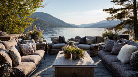 Elegant outdoor lounge setup with wide sofas and chairs on deck facing calm mountain lake, decorated with plants, coffee table, and plush cushionsの素材